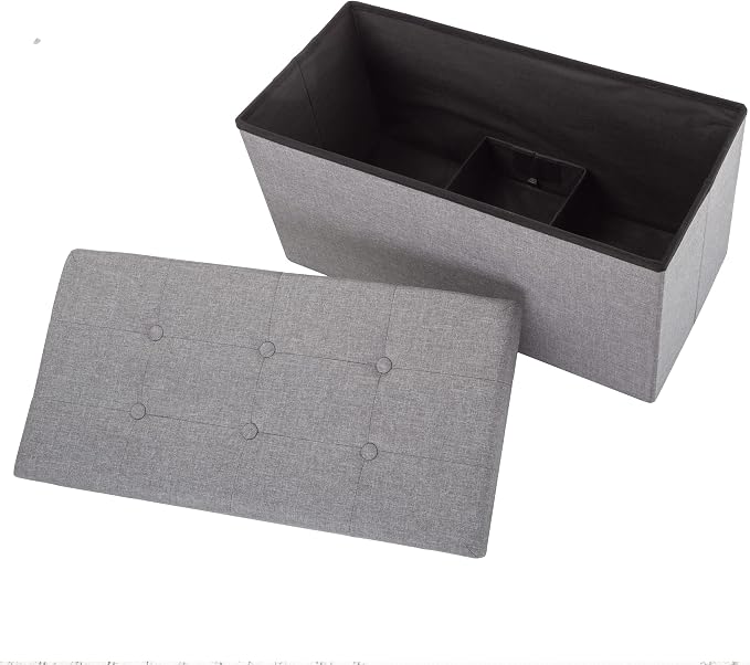 Lavish Home 30 Inch Collapsible Storage Ottoman Bench – Foldable Tufted Linen Bedroom Bench with Hidden Storage, Upholstered Footrest for End of Bed or Living Room (Light Gray)