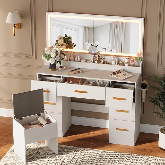 Garvee Vanity Desk with Large Mirror and Lights, 45.9 in Makeup Vanity Desk, 3 Lighting Modes Adjustable Brightness, Vanity Table with Power Outlet & 8 Drawers, for Powder Room and Bedroom