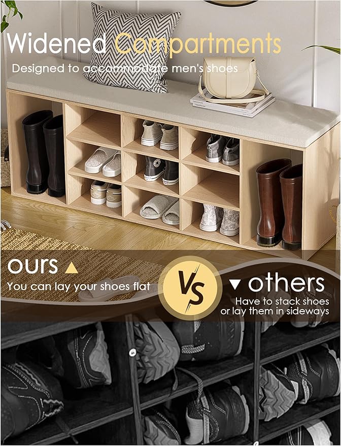 DINZI LVJ Shoe Storage Bench with Cushion, 13-Cubby Shoe Rack, Adjustable Shelves, Multifunctional Shoe Organizer Bench for Entryway, Mudroom, Hallway, Living Room, Bedroom and Garage, Natural