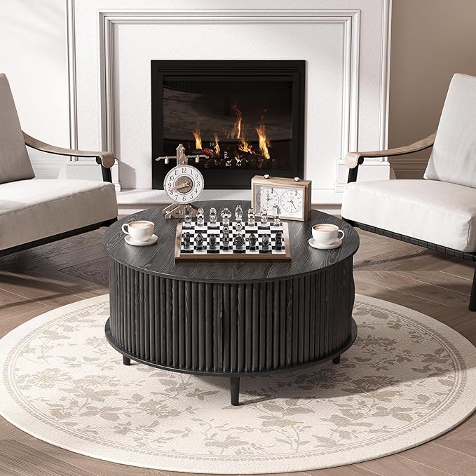 JOINICE,Black Round Coffee Table with Storage, 31.5" Fluted Center Table with Sliding Door, Modern Circle Drum Accent Table for Living Room, Sleek Wood Furniture for Small Spaces & Apartments