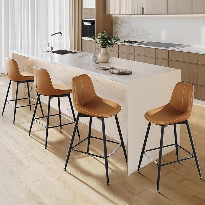 VASAGLE Bar Stools Set of 4, Counter Height Bar Stools with Back, Ergonomic Backrest, Synthetic Leather, Metal Legs, 24.8-Inch Tall Barstools for Kitchen Island Home Bar, Easy Assembly, Caramel Brown