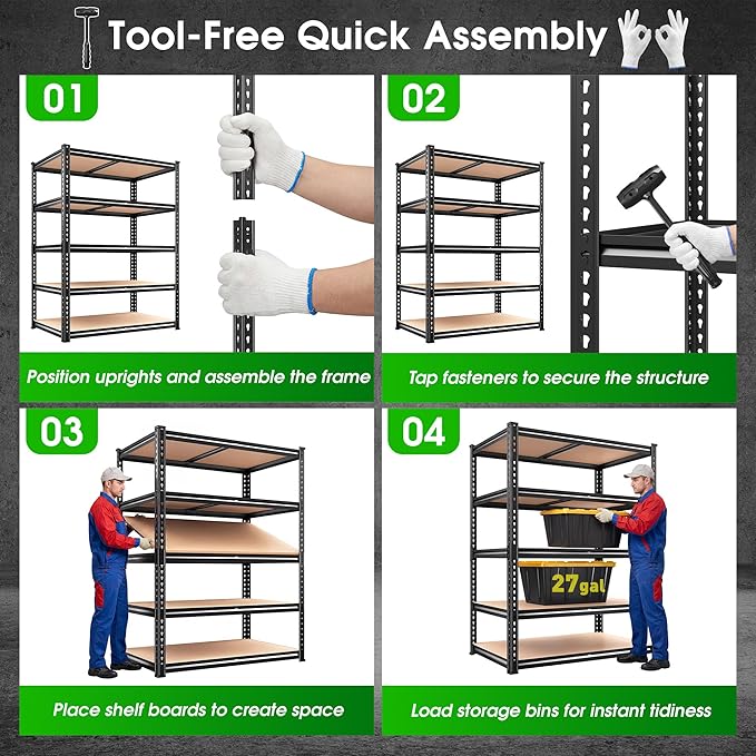 REIBII 5 Tier Garage Shelving Unit,2300LBS Heavy Duty Metal Storage Shelves,Adjustable Boltless Utility Rack Organizer for Basement Garage Pantry Kitchen Laundry Room,Black, 35.5" W x 15.8" D x 72" H