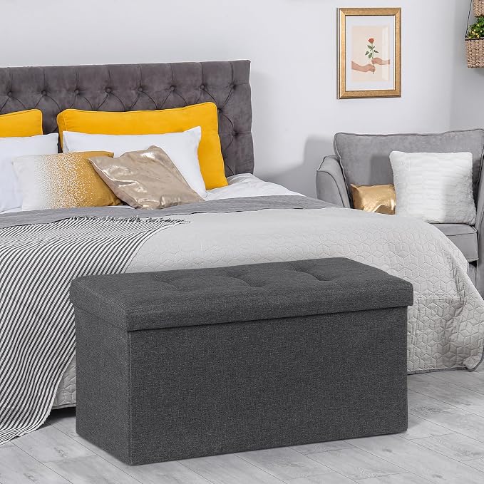 SUPER DEAL Storage Ottoman Bench, 30 Inches Folding Storage Chest Padded Seat Foot Rest Long Box for Living Room Bedroom Entryway, 660 lbs Capacity 15" x 30" x 15" Dark Grey