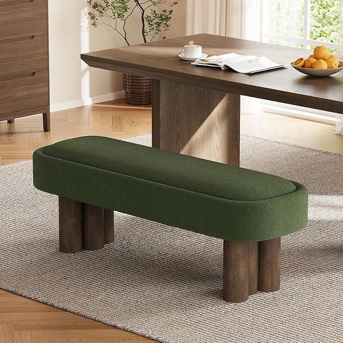 Christopher Knight Home Damas Fabric Upholstered Dining Bench, Wooden Entryway Bench, Long Sofa Footstool for Living Room, Bedroom End of Bed Bench, Olive Green+Walnut
