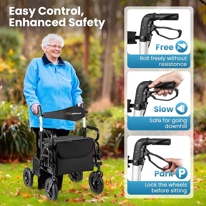 Goplus Walkers for Seniors with Seat, 2 in 1 Folding Rolling Rollator Walker & Wheelchair Combo with Brakes, 9" Pneumatic Tires for All Terrain, Aluminum Adult Mobility Walking Aid