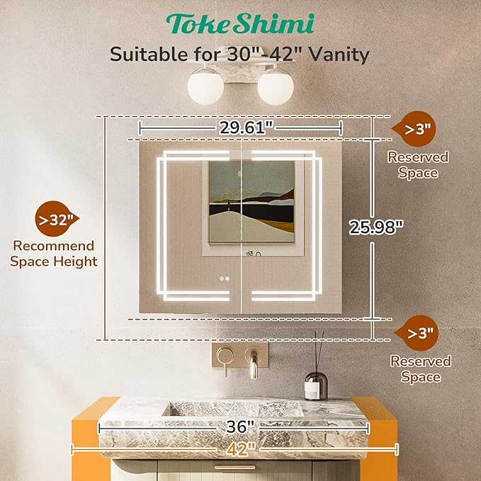TokeShimi 30x26 Inch Lighted Medicine Cabinet, LED Medicine Cabinet with Lights, Wall-Mounted Bathroom Cabinet Mirror with 3 Color Temperature, Anti-Fog, CRI 80+, Memory Function, Tempered Glass