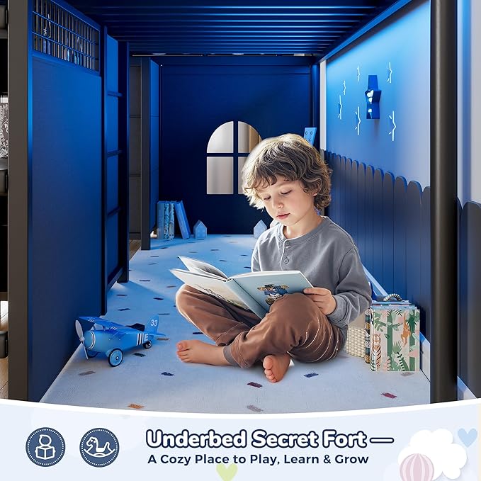 Low Loft Bed Twin Size with 7 Storage Drawers, Desk and LED Lights, Heavy Duty Metal Kids Loft Bed with 13.8" H Safety Guardrail, Anti-Collision Pad, Private Play Curtain, Under-Bed Play Space - Black
