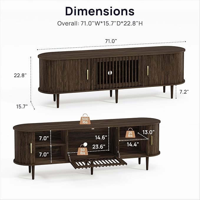 70" Fluted Mid Century Modern TV Stand for TVs Up to 75", Tambour Sliding Doors Entertainment Center with Storage&LED, Curved Media&TV Console Long TV Stands for Living Room Bedroom, Walnut