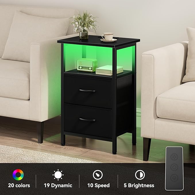 Vagusicc NightStand with Charger Station, LED Night Stand with 2 Fabric Drawers & Storage Shelf, Small Nightstands Bedside Table with USB Ports & Outlets, 24.2" Tall Bed Side Tables for Bedroom, Black
