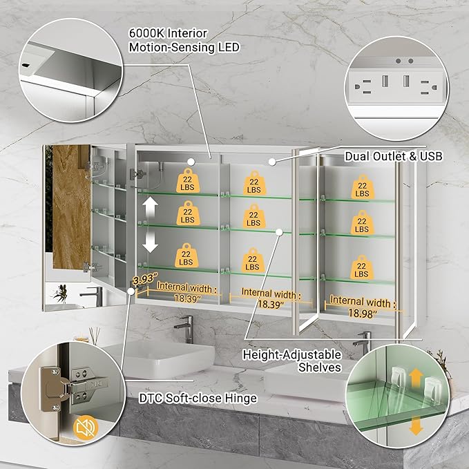 60x30 Lighted Medicine Cabinet with Mirror, Beveled Brushed Nickel Framed Surface or Recessed Fogless Dimmable LED Medicine Cabinet with Outlet, Time Display and Sensor Inner Light