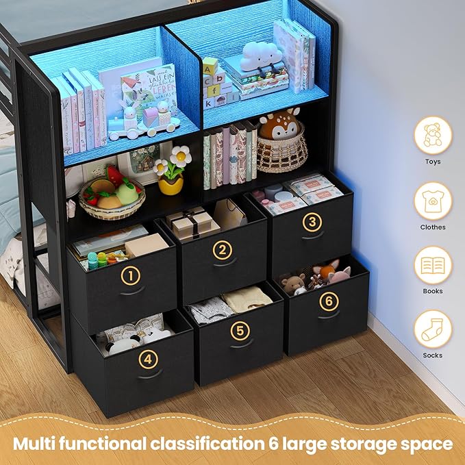BTHFST Twin Over Twin Bunk Bed with Storage Drawers & Open Storage Shleves with LED Lights, Metal Black Low Bunk Bed Safety Ladder and 13.4" H Guardrail, Space Saving