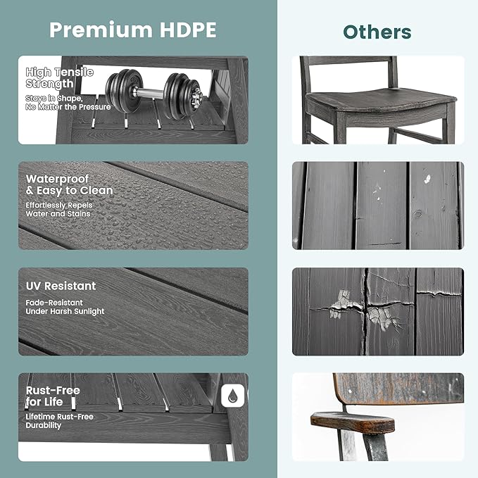 Pamapic 5 PCS Outdoor Dining Set, Spacious HDPE Outdoor Table and Chairs, Wood Grain Patio Furniture Sets with Elegant Armrest, All-Weather Patio Dining Table with Umbrella Hole, Gray