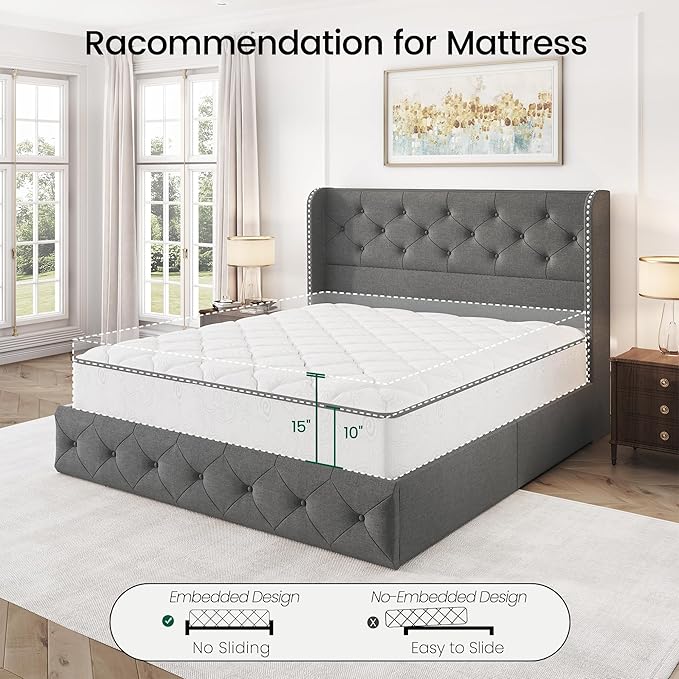LARMACE Full Size Bed Frame with 4 Storage Drawers and 47.2" Tall Wingback Headboard Linen Upholstered Platform Bed Frame Tufted Beds with Wooden Slats Support, Easy Assembly, Light Grey