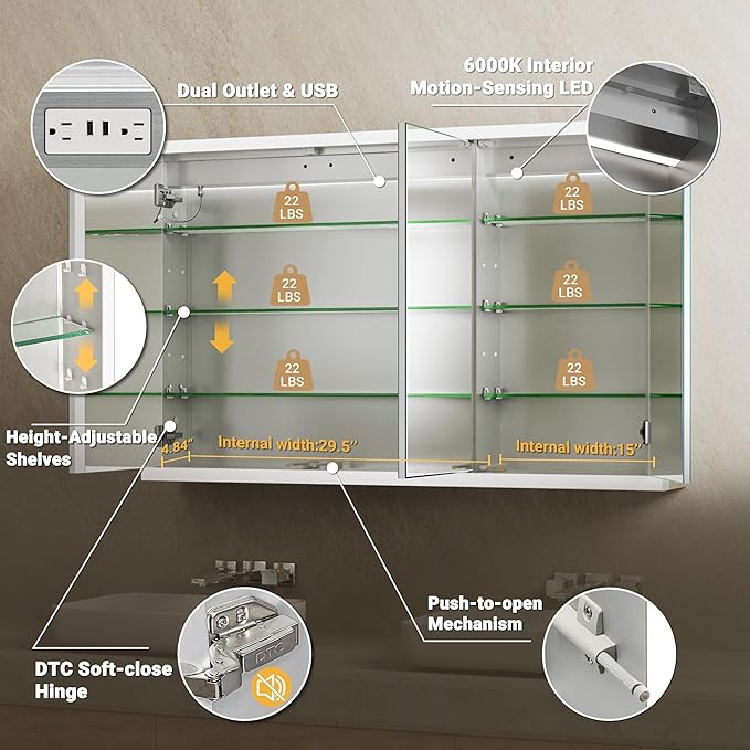 48x30 Recessed or Surface Lighted Medicine Cabinet with Mirror & Clock, Fogless Aluminum Medicine Cabinet with Dimmable Light & Outlet, Anti-fog, Built-in Sensing Light & 6 Adjustable Shelves