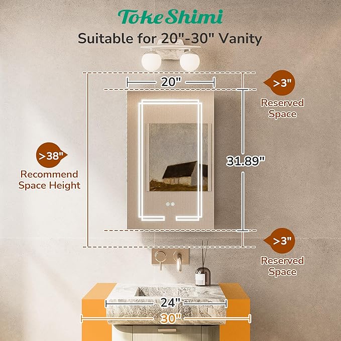 TokeShimi 20x32 Inch Lighted Medicine Cabinet, LED Medicine Cabinet with Lights, Wall-Mounted Bathroom Cabinet Mirror with 3 Color Temperature, Anti-Fog, CRI 80+, Memory Function, Tempered Glass