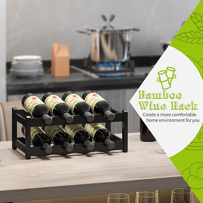 BMOSU Bamboo Wine Rack Wine Storage Cabinet Shelf 8 Bottle Wine Racks Countertop Sturdy for Kitchen Dining Room Pantry - 2 Tiers Wine Rack (Black)