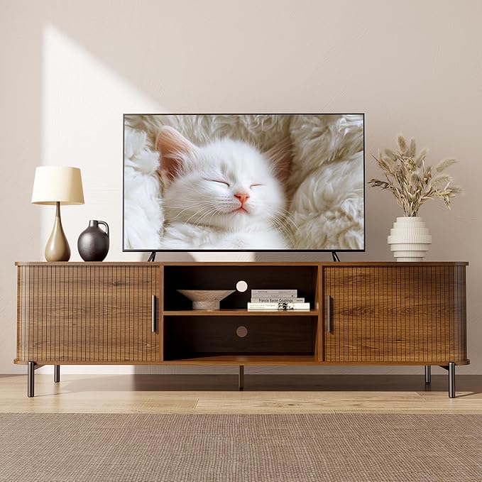 SUNCOZE 70" Mid-Century Fluted TV Stand with Storage, Modern Entertainment Centerfor TVs up to 80 Inch with Sliding Tambour Doors & Open Shelves, Media Console for Living Room or Bedroom (Walnut)