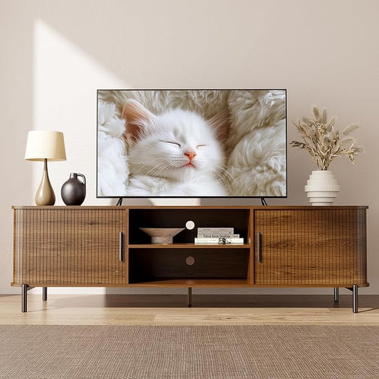 SUNCOZE 70" Mid-Century Fluted TV Stand with Storage, Modern Entertainment Centerfor TVs up to 80 Inch with Sliding Tambour Doors & Open Shelves, Media Console for Living Room or Bedroom (Walnut)