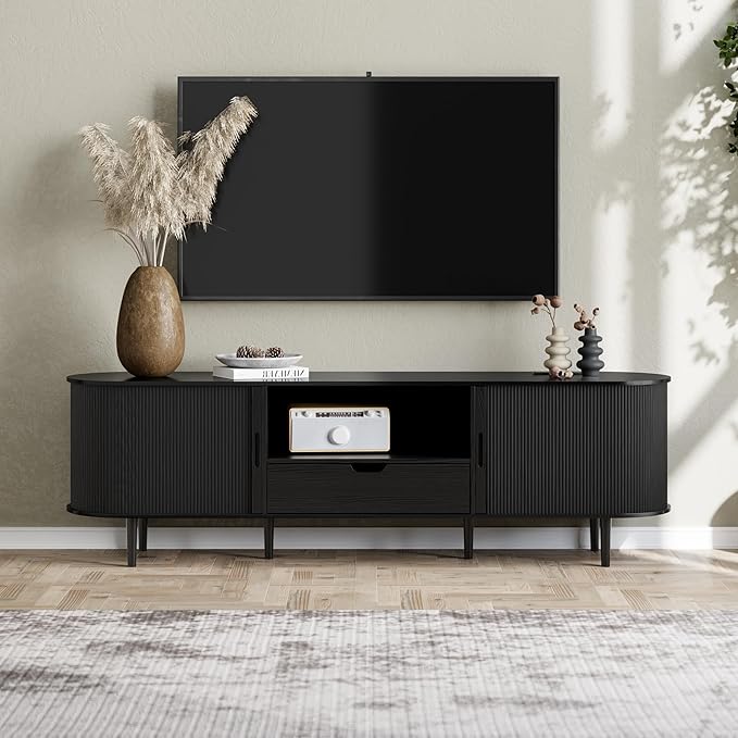 DHH 71" Fluted TV Stand with Power Outlet for TVs up to 80", TV Console with Adjustable Shelves and Sliding Door,Mid Century Modern Entertainment Center for Living Room,Bedroom (Black, 71Inch)