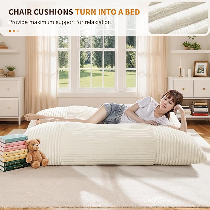 Oversized Cloud-Like Couch Single Seat, Extra-deep Seat Soft for Living Room, Minimalist Convertible Stuffed Bean Bag Cushion with Removable Washable Cover, Corduroy Beige