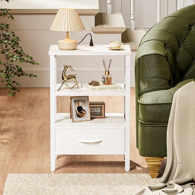 SUPERJARE Nightstand with Charging Station, Bed Side Table with Adjustable Fabric Drawer, Night Stand for Bedroom, 3-Tier Storage End Table, for Living Room, White