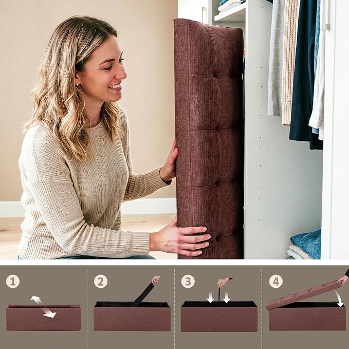 SUPER DEAL 43 Inches Foldable Storage Ottoman Bench - 660 LBS Collapsible Space-Saving Seat, Linen Fabric Foam Padding for Living Room Bedroom Dorm - Easy to Assemble, Brown