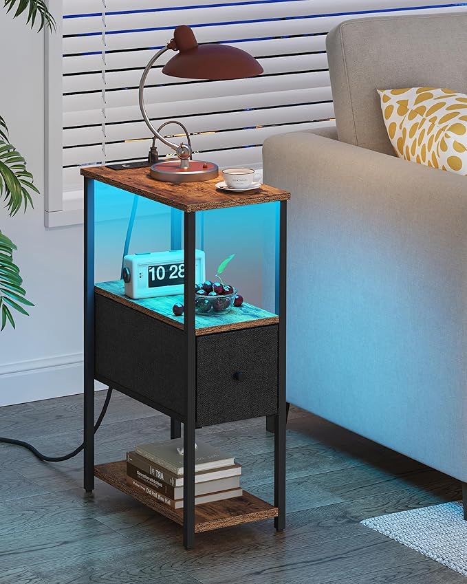 TUTOTAK Small Narrow LED End Table with Charging Station, Side Table Outlets, Nightstand with Cloth Drawer, Set of 2, Couch Table, for Living Room, Bedroom, Bedside, Brown and Black TB01BB059K