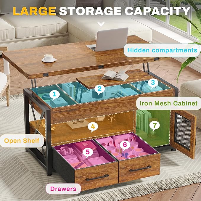 Itaar 40" Lift Top Coffee Table, 4 in 1 Coffee Tables with Storage Cabinet for Living Room, Small Farmhouse Coffee Table with 2 Fabric Drawers & LED Light for Dining Room, Rustic Brown