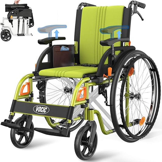 VOCIC Ultra Lightweight Wheelchair for Adults, 23lb Frame Portable Foldable Self-Propelled Wheelchairs for Seniors with Quick Release Wheels, Swing-Away Footrests,Flip-Back Arm, 300 lbs Green