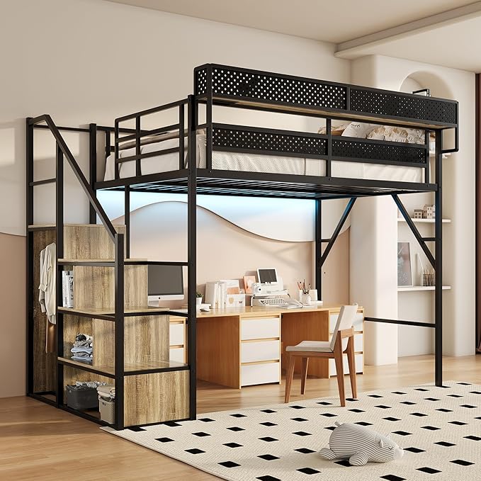 Full Size Metal Loft Bed with Storage Shelf Built-in USB Port, Heavy Duty Loft Bed w/Storage Stairs & Wardrobe+ LED Lights for Bedroom, Large Under-Bed Area, Noise Free, No Box Spring Needed