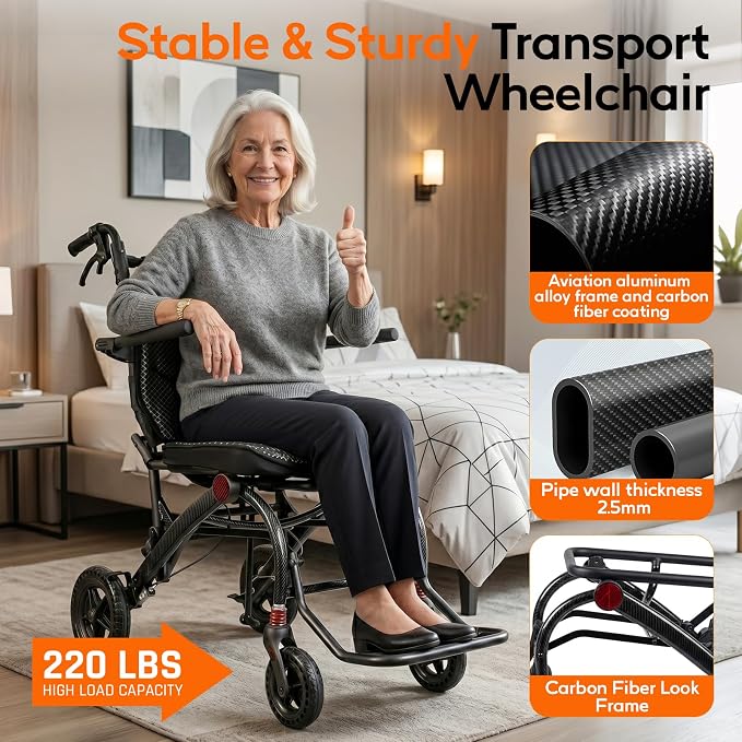SOFTFISH Transport Wheelchair with Ergonomic Seat & Pull Rod, 1s Foot-fold Wheelchairs for Adults with Foldable Armrest & Footrest, Carbon Fiber Aluminum Frame Travel Transport Chair for Seniors