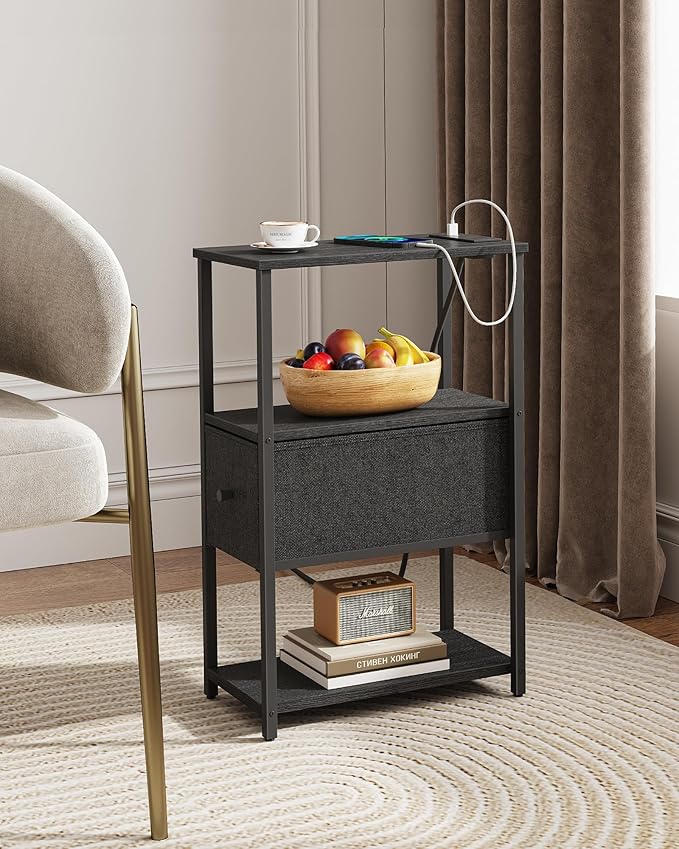 TUTOTAK Small Narrow End Table with Charging Station, Set of 2, Side Table with Outlets, Nightstand with Cloth Drawer, Couch Table, for Living Room, Bedroom, Bedside, Black TB01BK058