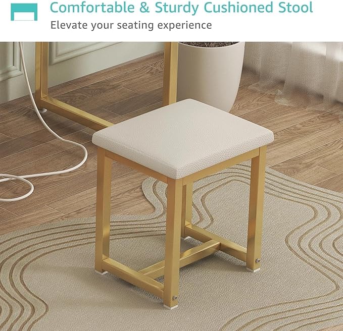 Gold Vanity Desk with Mirror and Light- Makeup Vanity Set Table with Chair, Storage, Lighted Mirror, 4 Large Fabric Drawers & Power Outlet, Dressing Table Vanities for Girls Bedroom