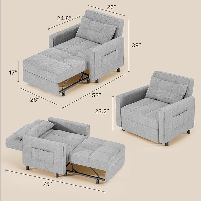 Gizoon Sofa Bed Chair 3 in 1 Convertible, Pullout Single Sleeper Chair Bed with Adjustable Backrest, Spacious Multifunctional Sofa Couches for Living Room, Bedroom, Apartment