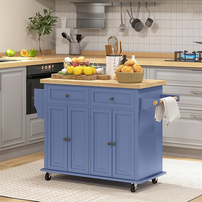 HOMCOM Kitchen Island Cart with Solid Wood Top, 44" Mobile Kitchen Island Table on Wheels with Storage Cabinets, 2 Drawers, Adjustable Shelves, Spice Rack & Towel Bar for Dining Room, Navy Blue
