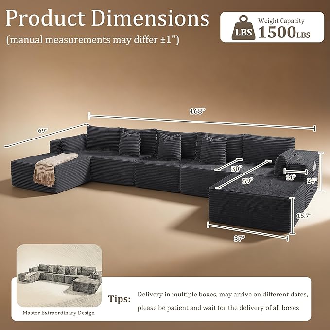 168" Cloud Sectional Couch, Comfort U Shaped Sofa for Living Room, Extra Deep Seats No Assembly, Minimalist Modular Couch, Corduroy (Dark Grey, 7 Seats,U-Shape A)