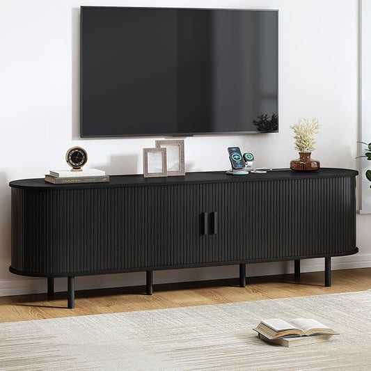 70.8" TV Stand with Power Outlet, Mid-Century Modern Television Stand, Fluted Media Console with Sliding Doors, Entertainment Center for TVs up to 60 Inch, Adjustable Shelves, Black