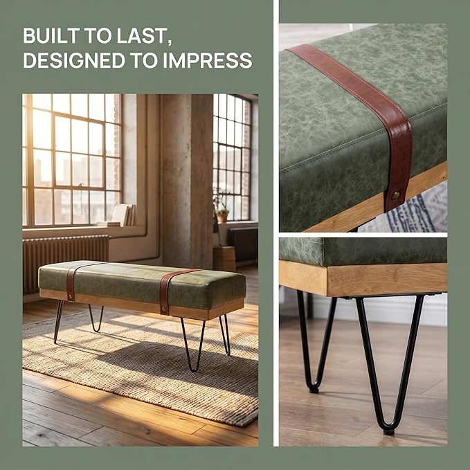 DUOMAY Industrial Modern PU Rectangle Ottoman Bench with PU Strap and Metal Legs, Mid Century Dining Table Bench Footstool Entryway Shoe Bench for Bedroom Dining Room Living Room, Green