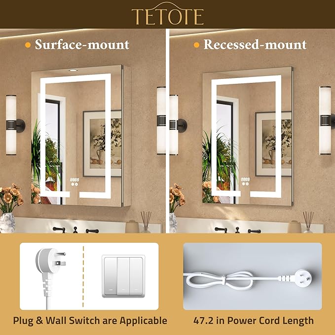 TETOTE 30 x 32 Lighted Medicine Cabinet Mirror for Bathroom with LED Lights, 2 Door Tempered Glass Recessed or Surface Mount Mirrored Cabinet, Outlets & USB, 3-Color Dimming, Defog, Adjustable Shelf