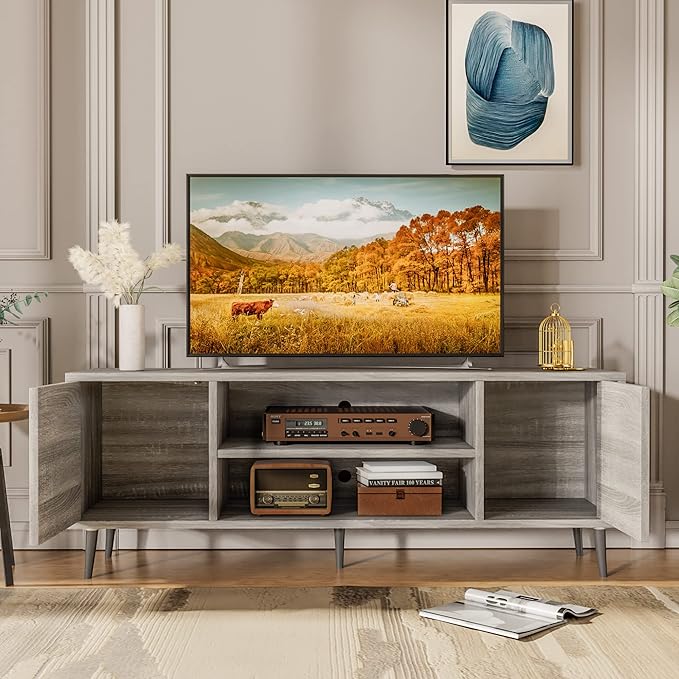 JUMMICO TV Stand for 65 Inch TV, Mid Century Modern TV Stand, Entertainment Center with Storage Cabinet and Open Shelves, TV Console Table Media Cabinet for Living Room, and Bedroom (Gray)