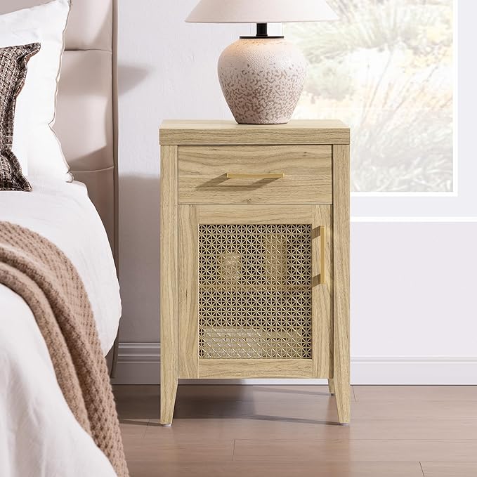 SICOTAS Tall Nightstands Set of 2 with Drawer - Farmhouse Night Stand Bedside Tables with Storage, Wooden End Tables with Metal Mesh Door and Adjustable Shelf for Bedroom, Light Walnut