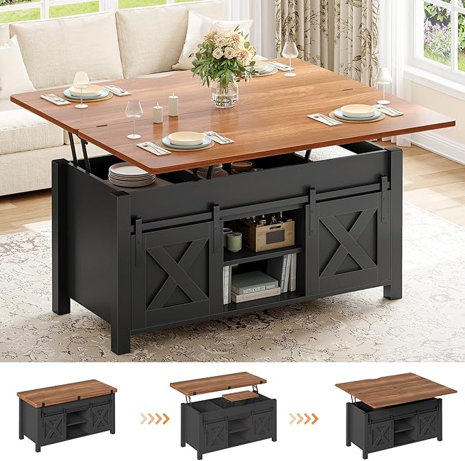 SEDETA Lift Top Coffee Table, 4 in 1 Multi-Function Convertible Coffee Tables with Storage and Hidden Compartment, Farmhouse Coffee Table Converts to Dining Table for Living Room, Black Brown