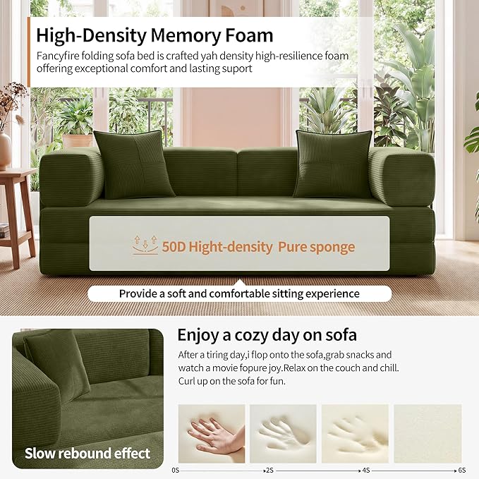 78.8" Convertible Sofa Bed with Armrest Pillow, 4-in-1 Sleeper Couch Bed for Livingroom, Modular Corduroy Boneless couches, No Assembly (Green)