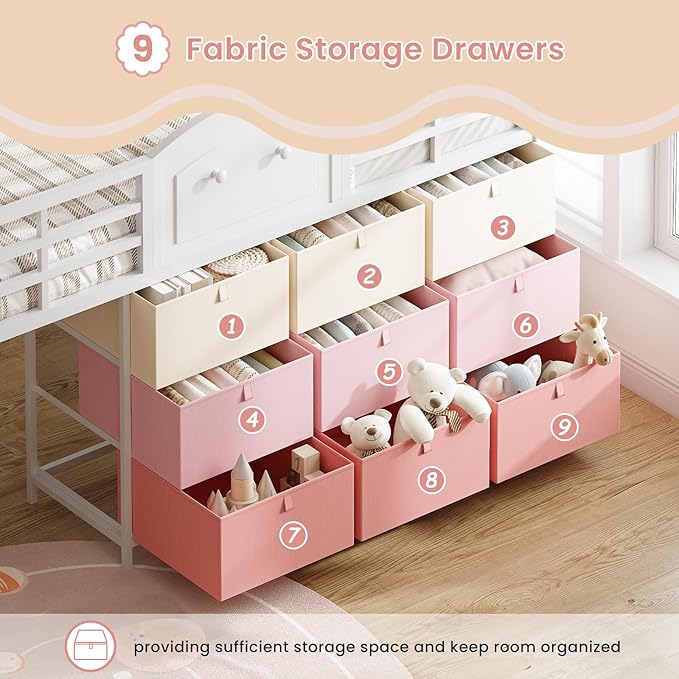 VIAGDO Low Loft Bed Full Size with 9 Storage Drawers and LED Lights, Metal Full Size Loft Bed with Stairway Shelf Storage, Low Loft Bed with Safety Guardrail and Under-Bed Hideaway for Kids, White