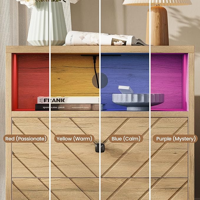 Modern Nightstand with Charging Station,LED Bedside Table with 2 Storage Drawers and Open Storage Cabinet,Wood Large End Table for Bedroom Furniture,Oak