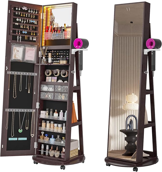 HNEBC 360° Swivel Jewelry Armoire with Mirror, LED Mirror Jewelry Cabinet Standing, Full Length Mirror with Jewelry Storage, Standing Jewelry Organizer/Lockable Wheels/Foldable Makeup Shelf (Brown)