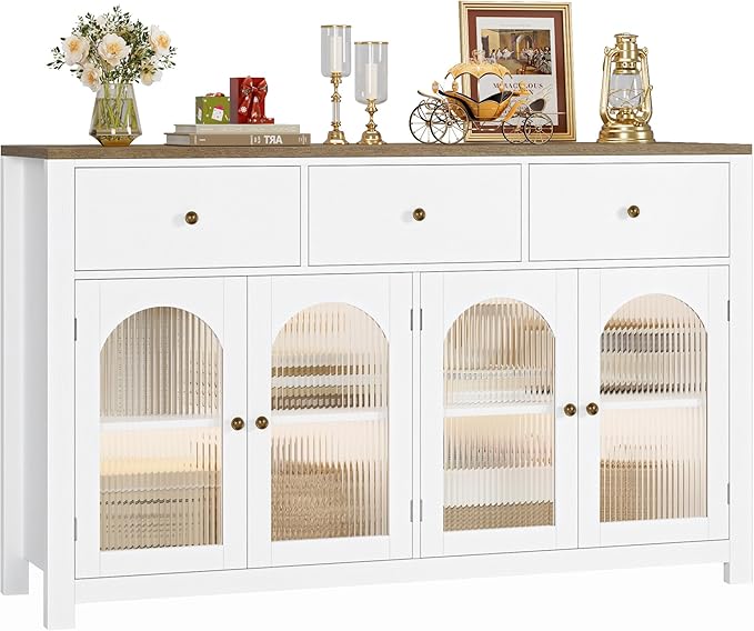 FINETONES Buffet Cabinet with Storage, 55.1" Large Sideboard Buffet Cabinet, Farmhouse Kitchen Cabinets with 3 Drawers and 4 Doors, Wood Coffee Bar for Kitchen Dining Room, White
