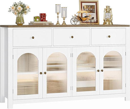 FINETONES Buffet Cabinet with Storage, 55.1" Large Sideboard Buffet Cabinet, Farmhouse Kitchen Cabinets with 3 Drawers and 4 Doors, Wood Coffee Bar for Kitchen Dining Room, White