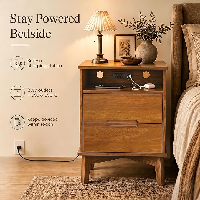 26" Tall Wood Nightstand Set of 2 with Charging Station & USB-C, Mid Century Modern Bedside Table with Solid Wood Legs, Caramel Walnut Finish with 2 Drawers