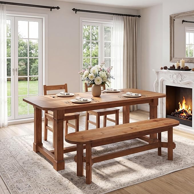 Solid Wood Dining Bench, 55" Wooden Entryway Bench with Thick Block Seat, Farmhouse Rustic Indoor Bench for Dining Table, End of Bed, Hallway, Bedroom, Living Room